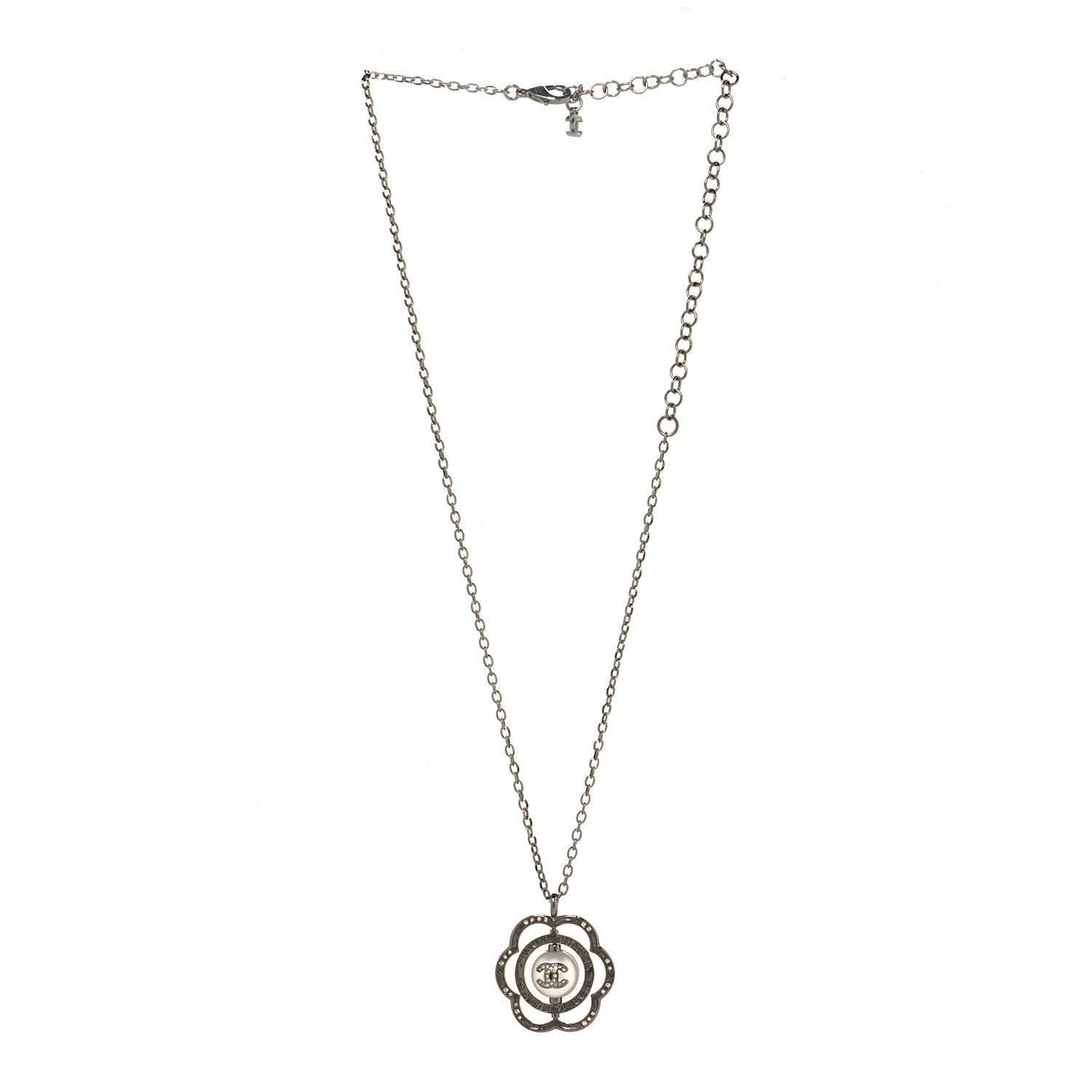 Chanel Metal Crystal Pearl CC Camellia Pendant Necklace Silver 3 of 5