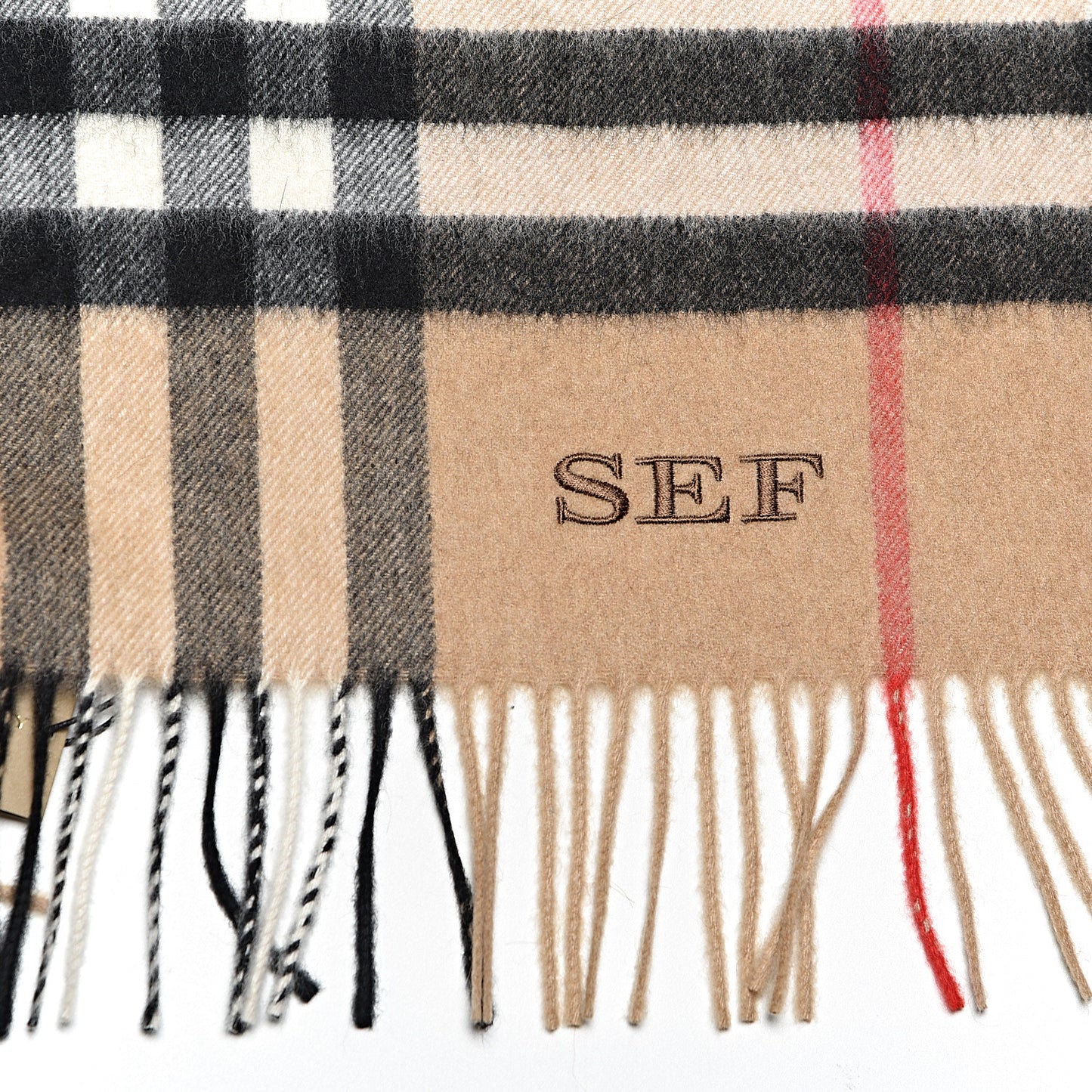Cashmere Giant Check Fringe Scarf Camel