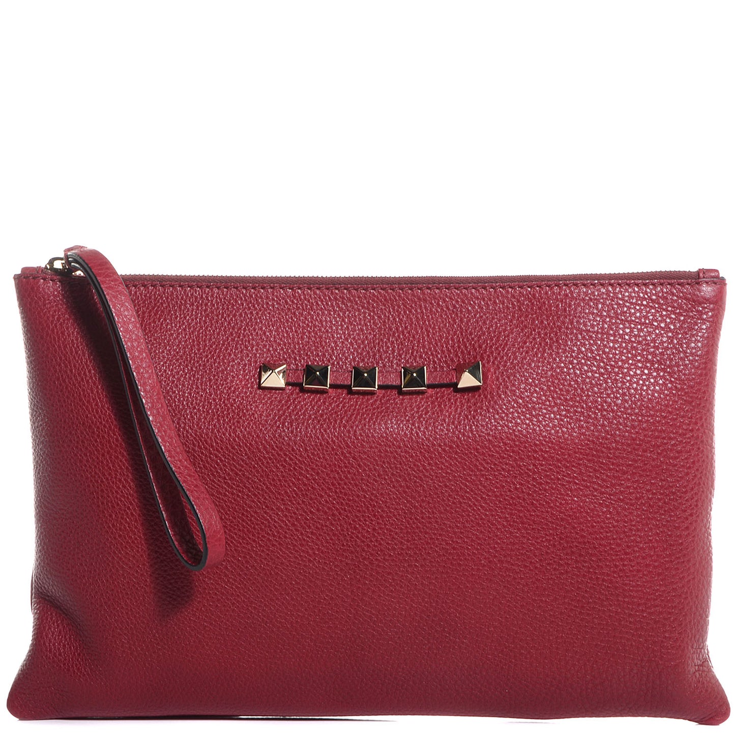 Pebbled Calfskin Large Rockstud Zip Wristlet Pouch Red