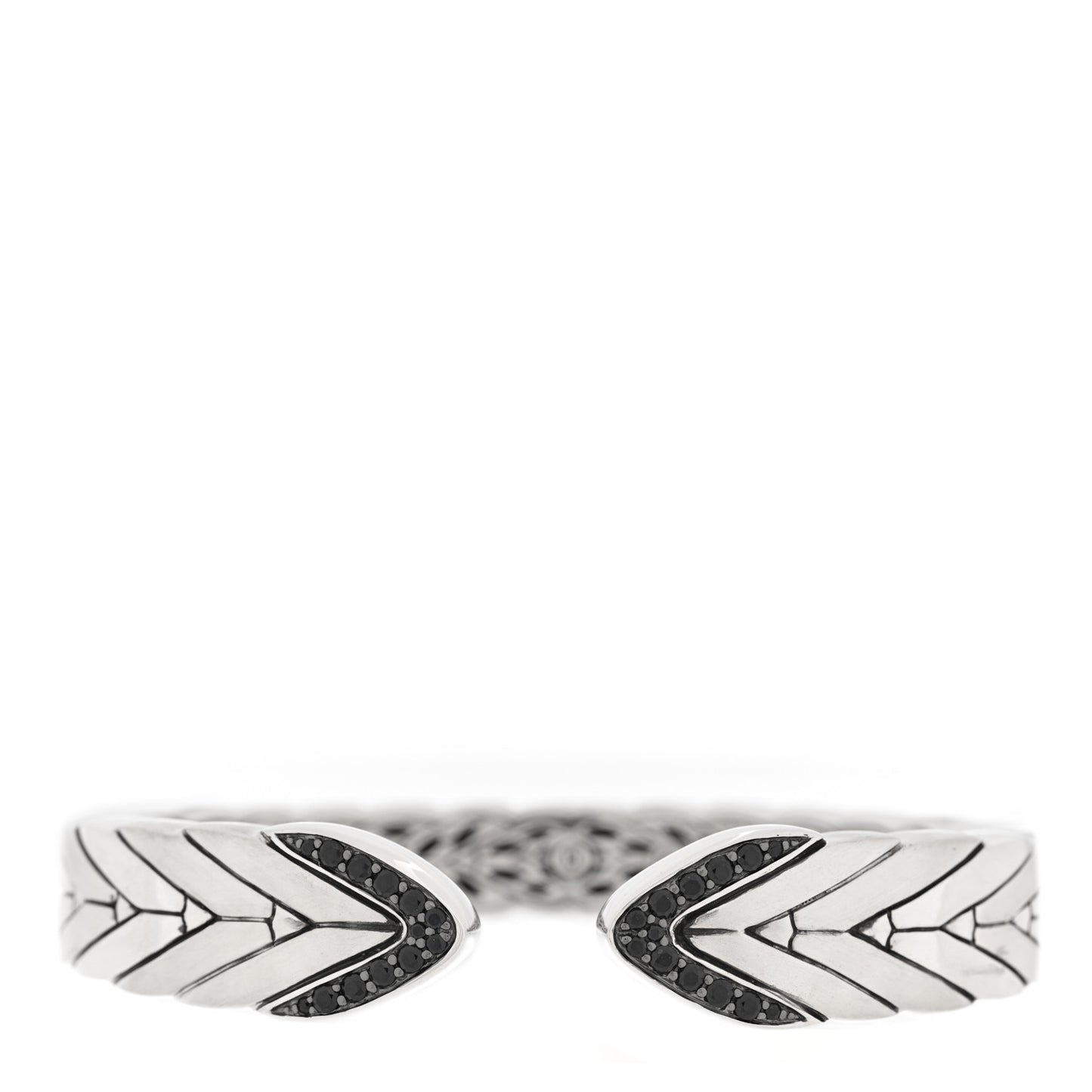 Sterling Silver Black Sapphire Modern Chain Brushed Hinged Cuff Bracelet