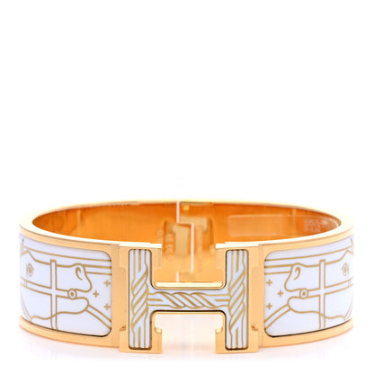 Hermes Enamel Printed Quadrige Au Fil Wide Clic Clac H Bracelet PM Or White 1 of 5