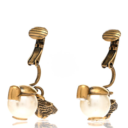 Gucci Metal Crystal Resin Pearl Feline Clip On Earrings Aged Gold 3 of 4