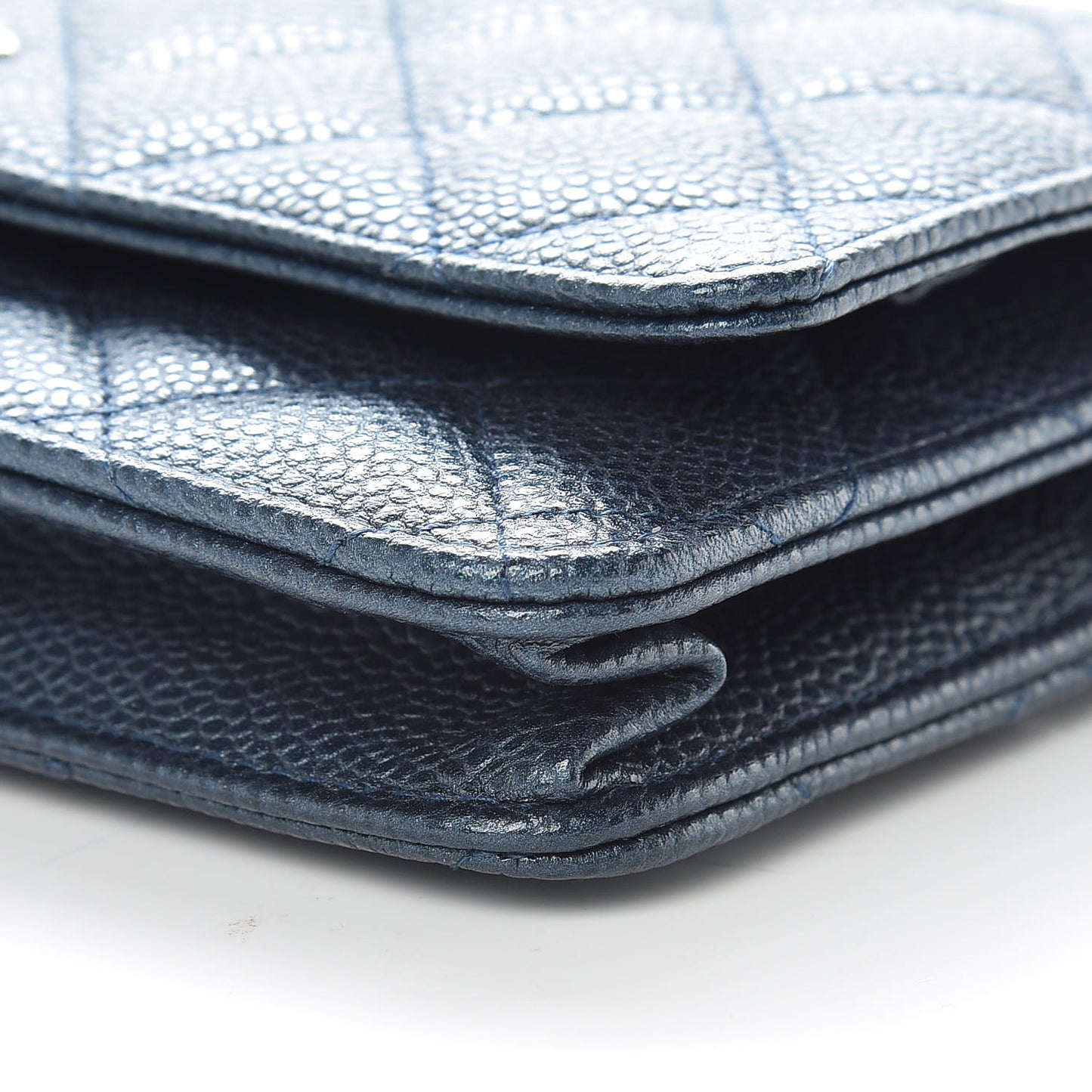 Iridescent Caviar Quilted Wallet On Chain WOC Blue