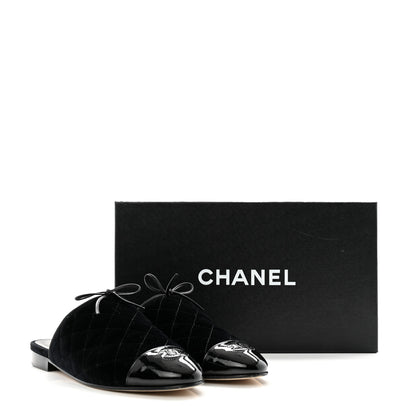 Chanel Velvet Patent Quilted Cap Toe Womens CC Mules 39.5 Black 11 of 11
