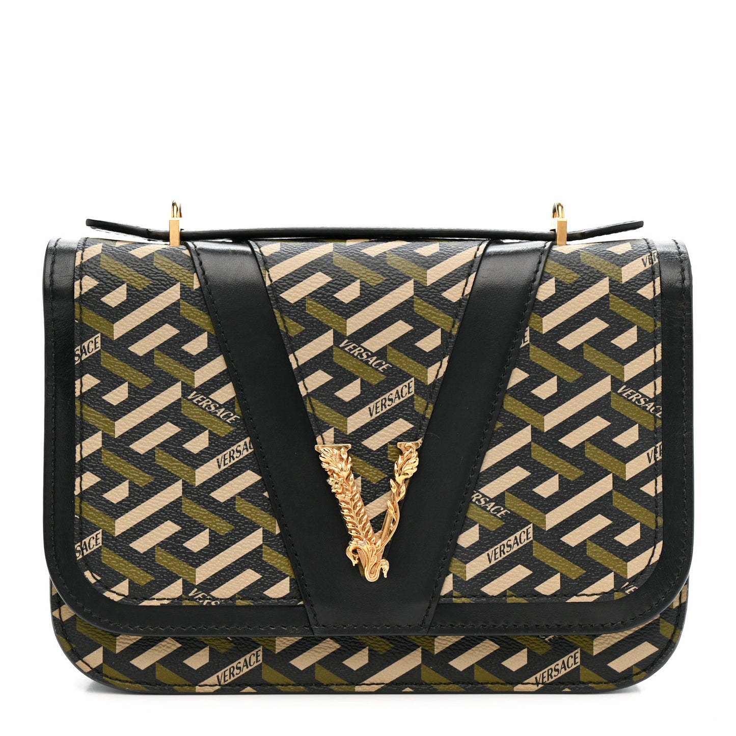Coated Canvas La Greca Signature Print Virtus Top Handle Shoulder Bag Black Khaki