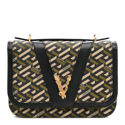 Versace Coated Canvas La Greca Signature Print Virtus Top Handle Shoulder Bag Black Khaki 1 of 12