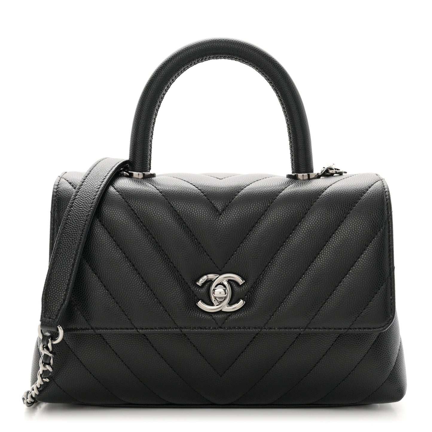 Caviar Chevron Quilted Mini Coco Handle Flap Black