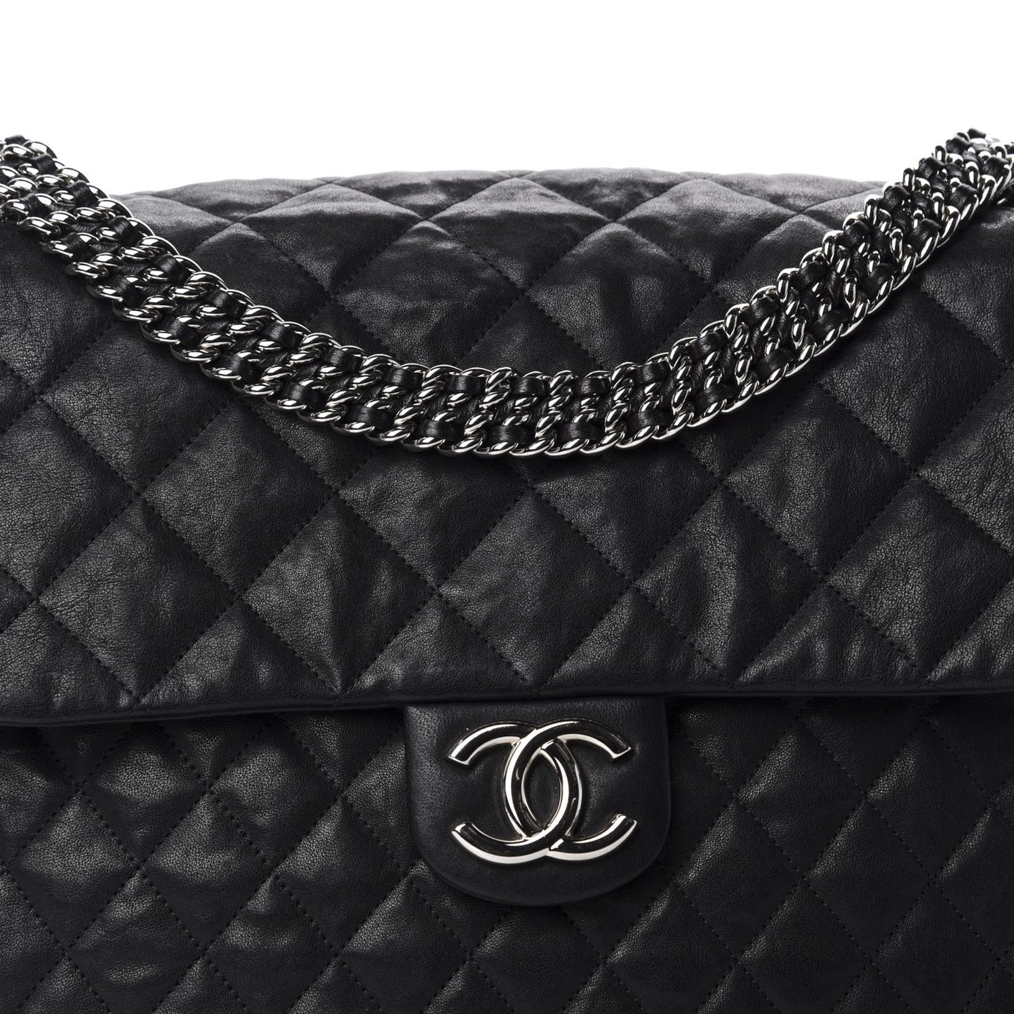 Washed Lambskin Quilted Maxi Chain Around Flap Black