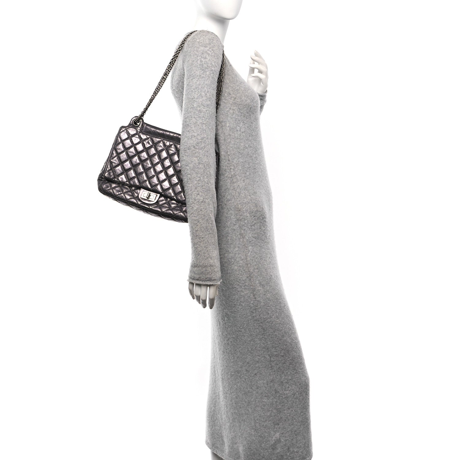 Chanel Metallic Aged Calfskin Quilted Reissue 2.55 Accordion Flap Dark Silver 2 of 10