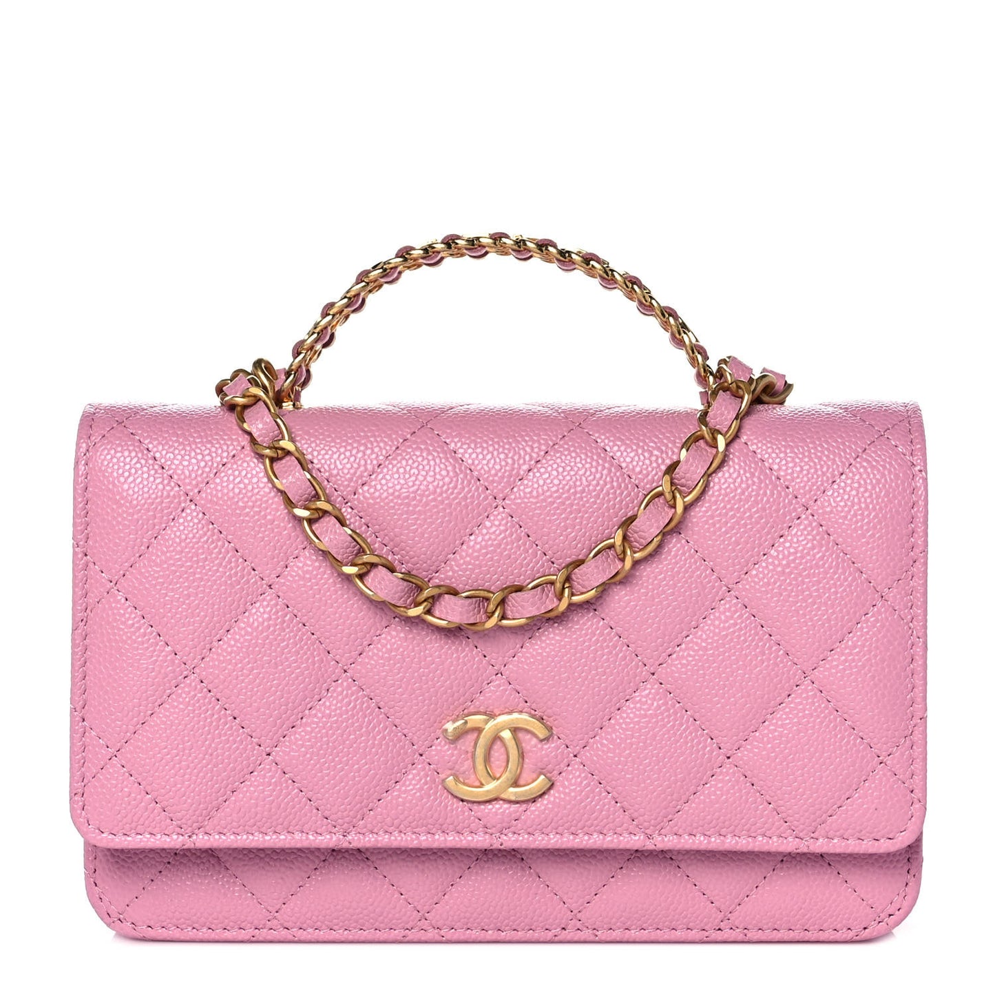 Shiny Caviar Quilted Pick Me Up Wallet On Chain WOC Pink