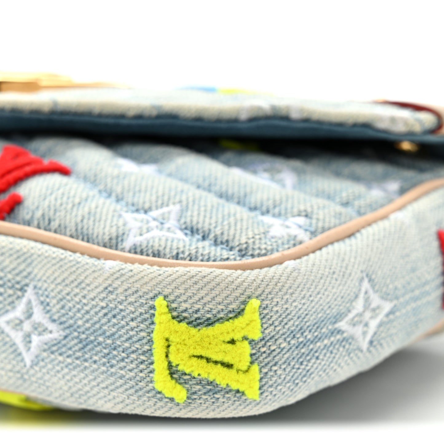 Embroidered Monogram Denim New Wave Chain Pochette Blue