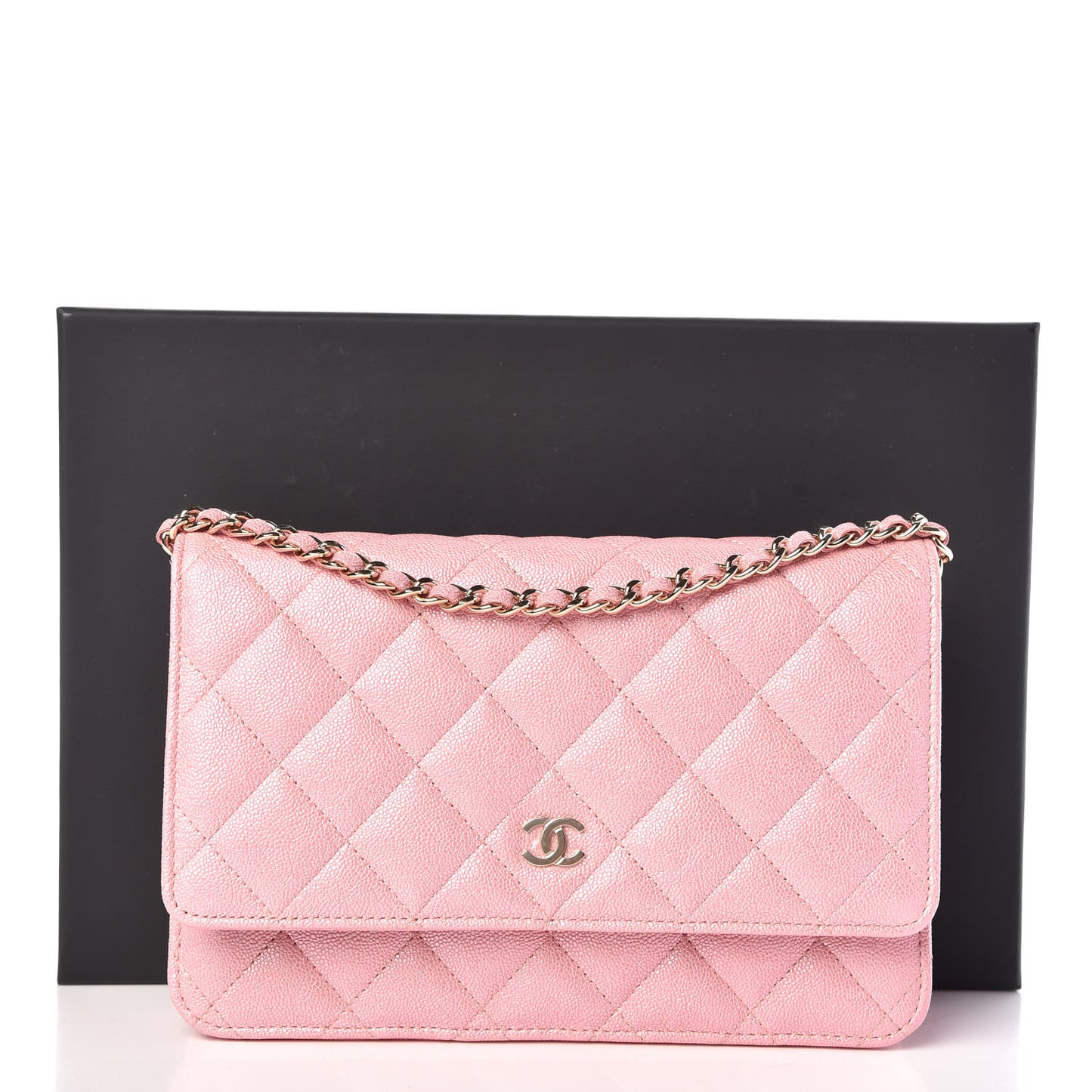 Iridescent Caviar Quilted Wallet on Chain WOC Rose Pink