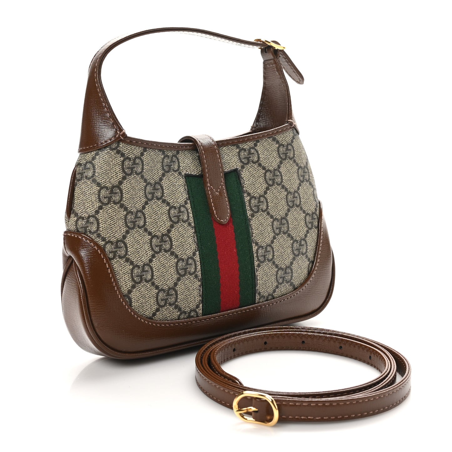 GG Supreme Monogram Azalea Calfskin Web Mini Jackie 1961 Hobo Beige Ebony Brown Sugar