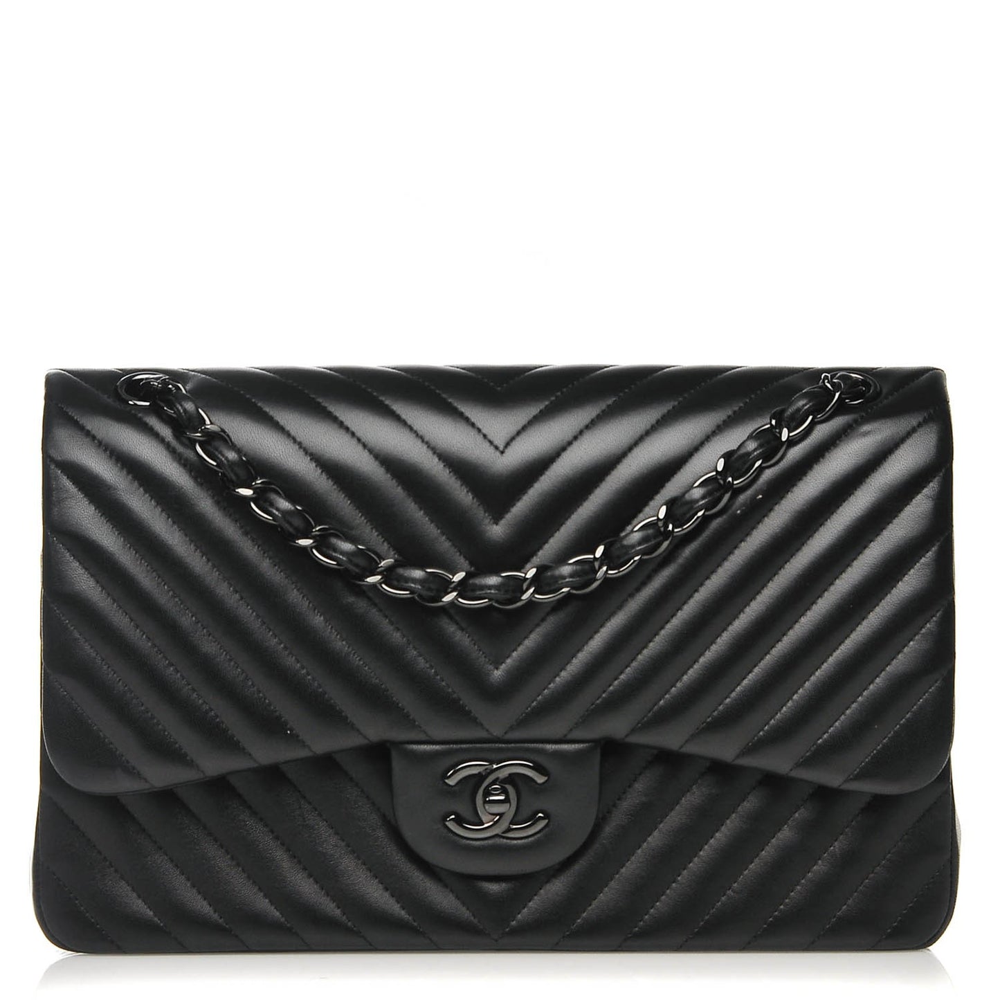 Lambskin Chevron Quilted Jumbo Double Flap So Black