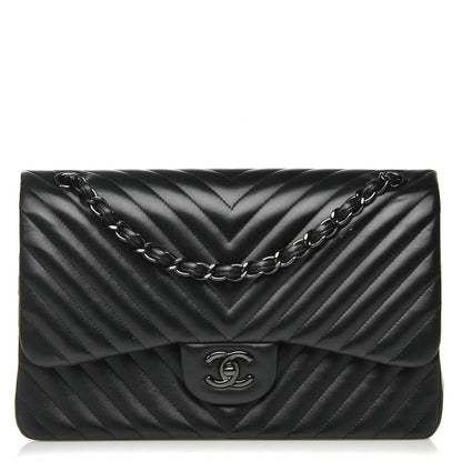 Chanel Lambskin Chevron Quilted Jumbo Double Flap So Black 1 of 9