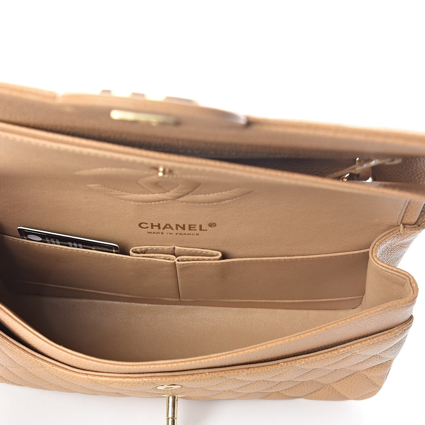 Caviar Quilted Medium Double Flap Beige
