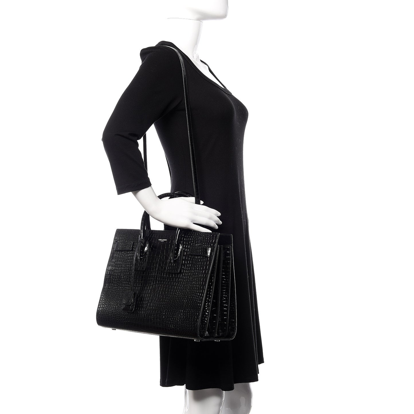 Calfskin Crocodile Embossed Small Sac de Jour Black