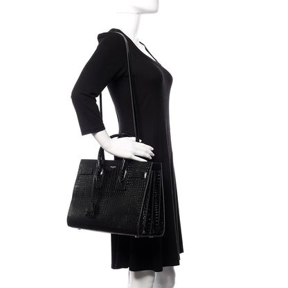 Saint Laurent Calfskin Crocodile Embossed Small Sac de Jour Black 2 of 15