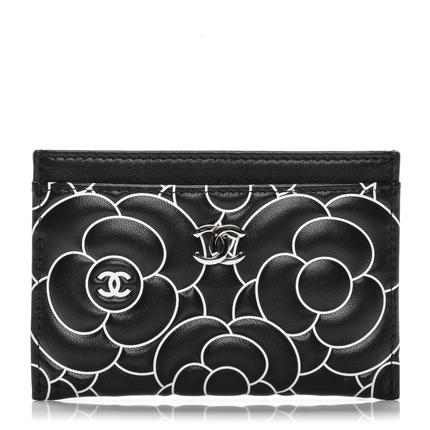 Chanel Lambskin Camellia Embossed Card Holder Black White 1 of 8
