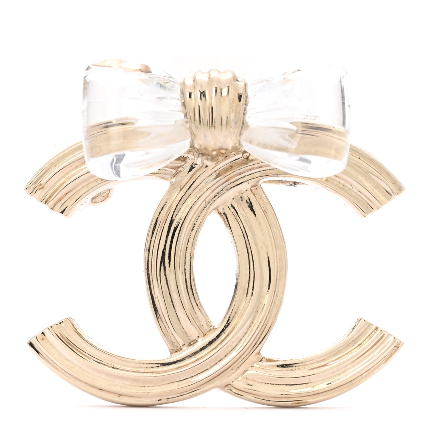 Metal Resin Bow Striated CC Brooch Gold