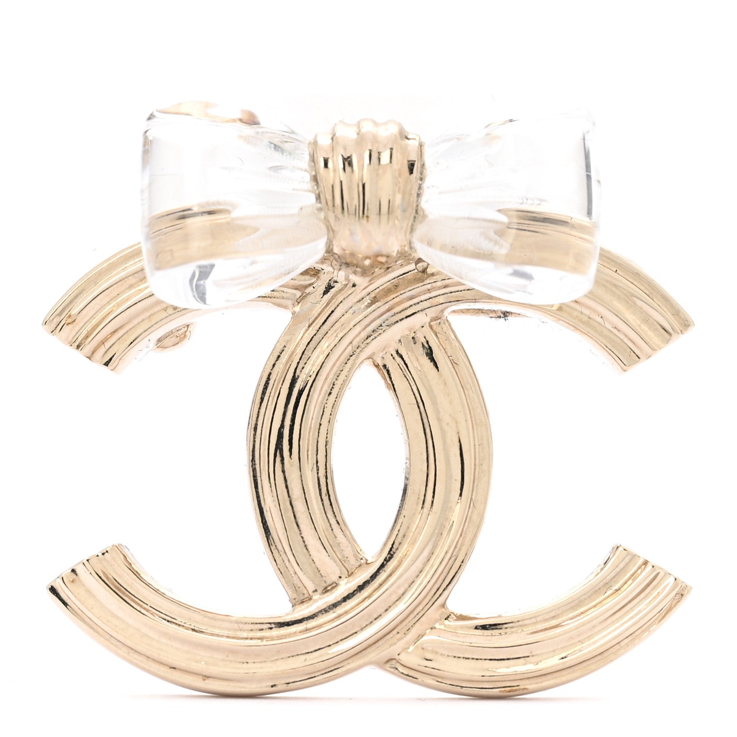 Chanel Metal Resin Bow Striated CC Brooch Gold 1 of 3