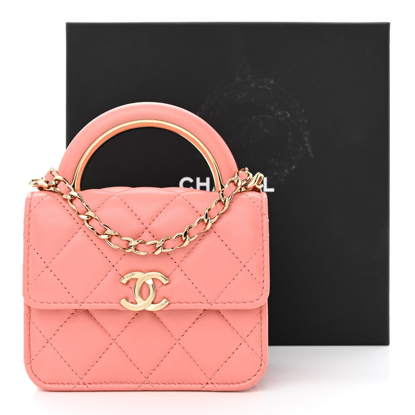 Lambskin Quilted Top Handle Flap Clutch With Chain Pink