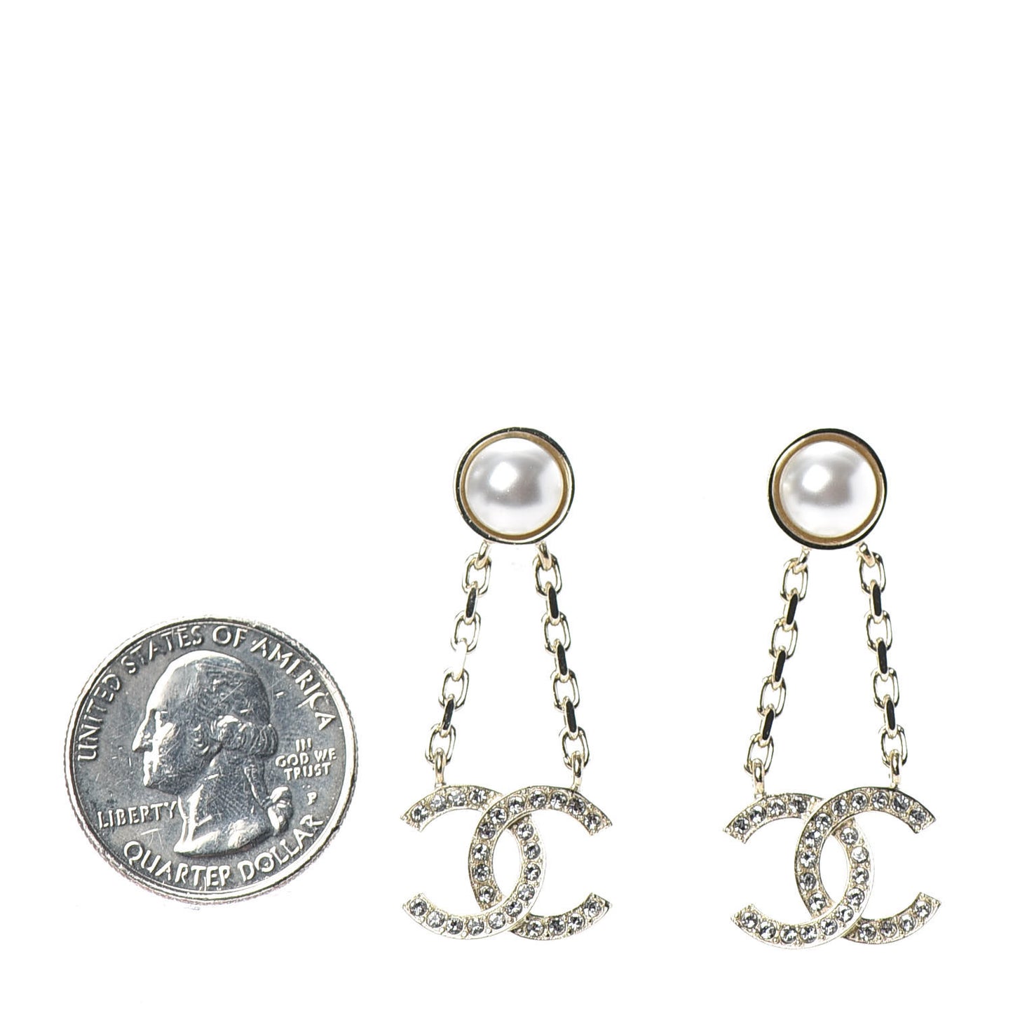 Crystal Pearl CC Drop Earrings Gold