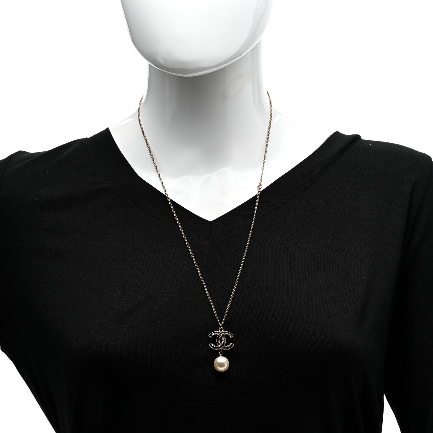 Enamel Pearl CC Baroque Drop Necklace Black Gold