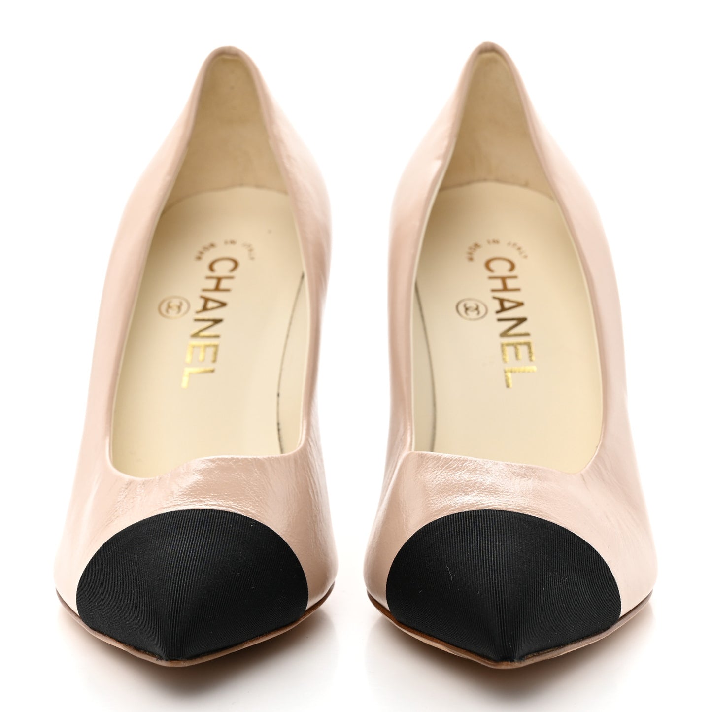 Shiny Calfskin Grosgrain Cap Toe CC Pearl Pumps 37 Beige Black