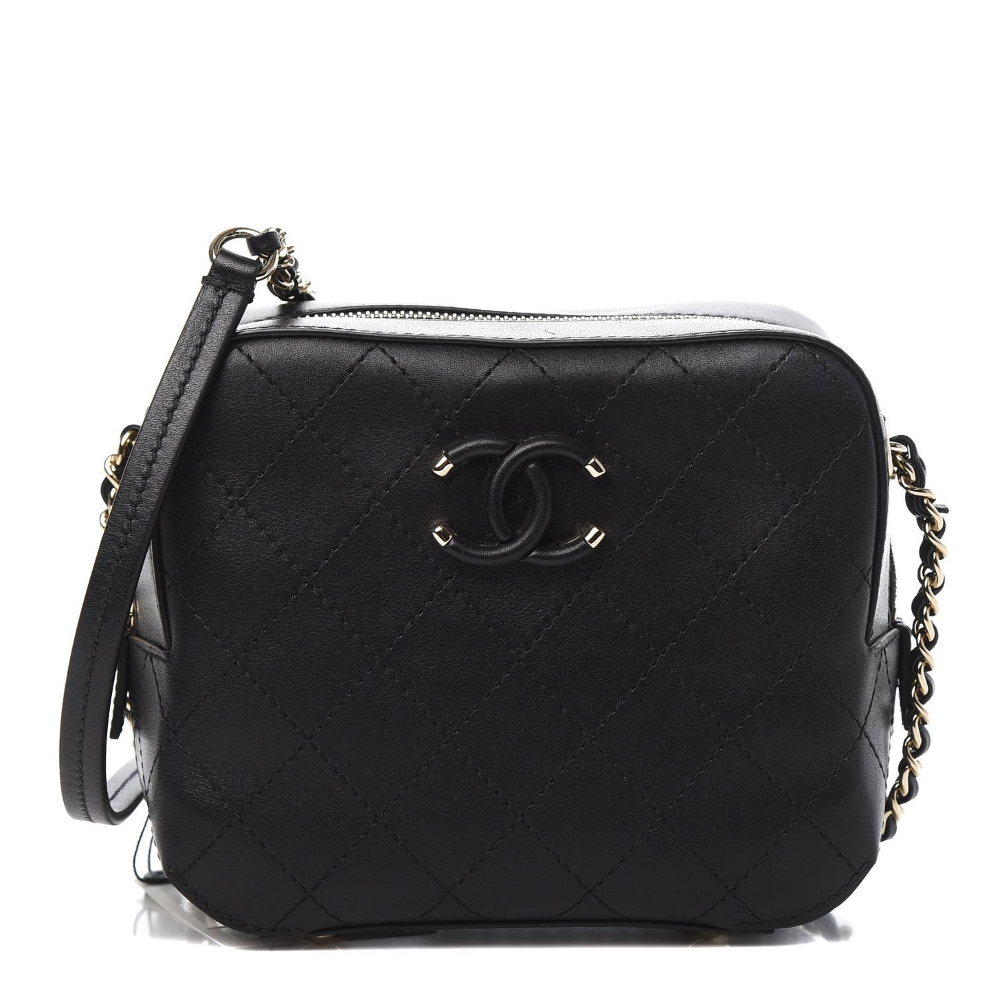 Calfskin Stitched Enamel CC Camera Case Bag Black