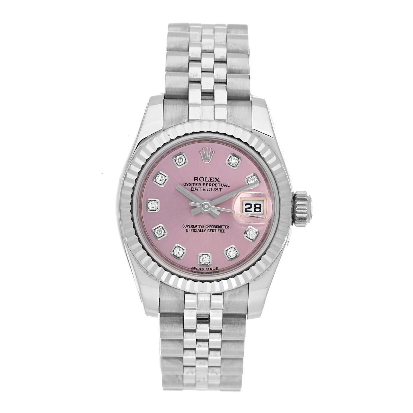 Stainless Steel 18K White Gold Diamond 26mm Oyster Perpetual Datejust Watch Pink 179174