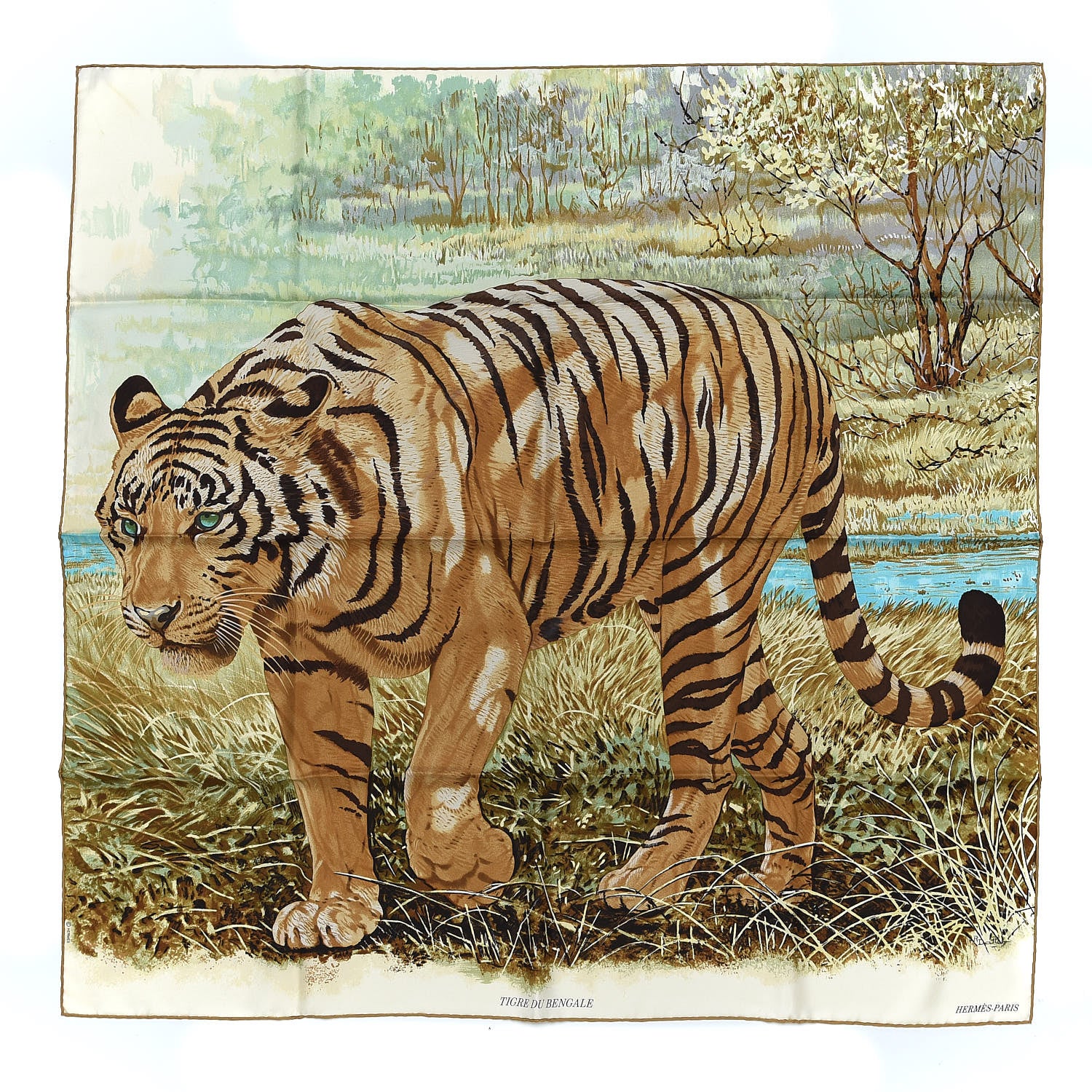 Hermes Silk Tigre du Bengale Scarf 90 Vert Camel Beige 1 of 4