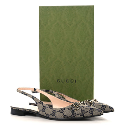 Gucci Monogram Horsebit Womens Slingback Ballet Flat 37.5 Beige Blue 10 of 10