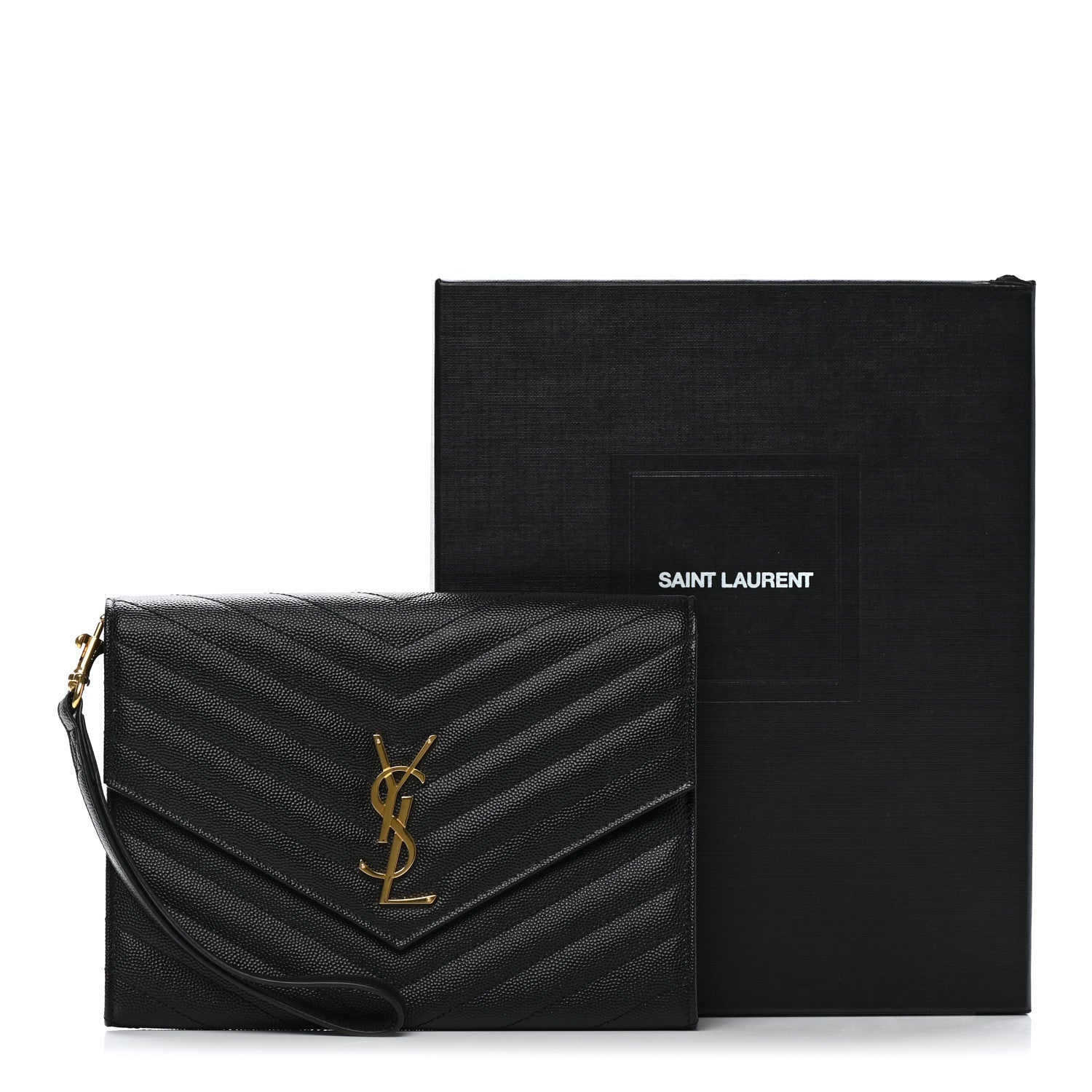 Saint Laurent Grain De Poudre Matelasse Chevron Monogram Envelope Clutch Black 8 of 8