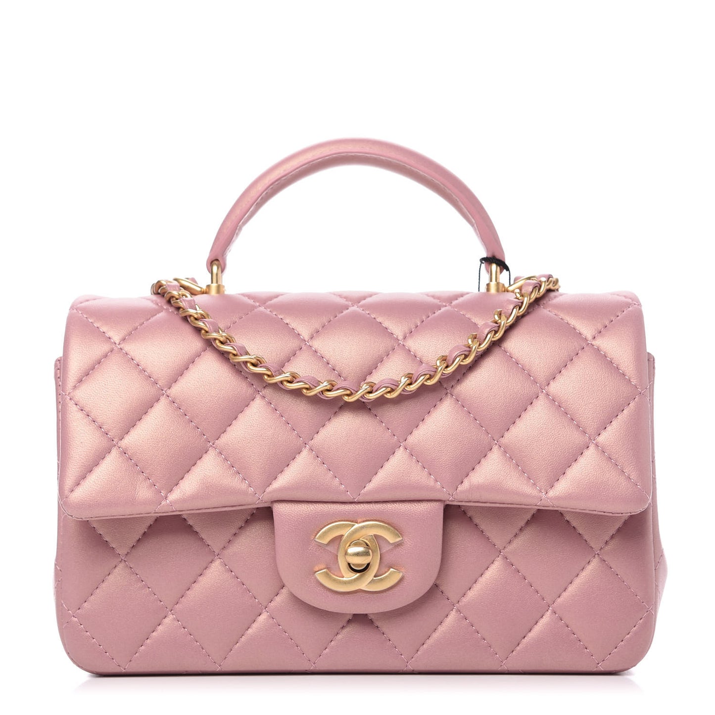 Iridescent Lambskin Quilted Mini Top Handle Rectangular Flap Pink