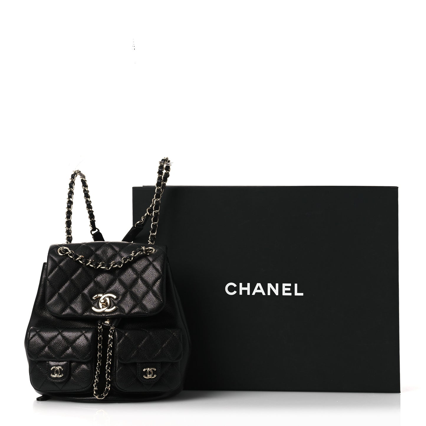 Shiny Caviar Quilted Medium Duma Pockets Drawstring Backpack Black