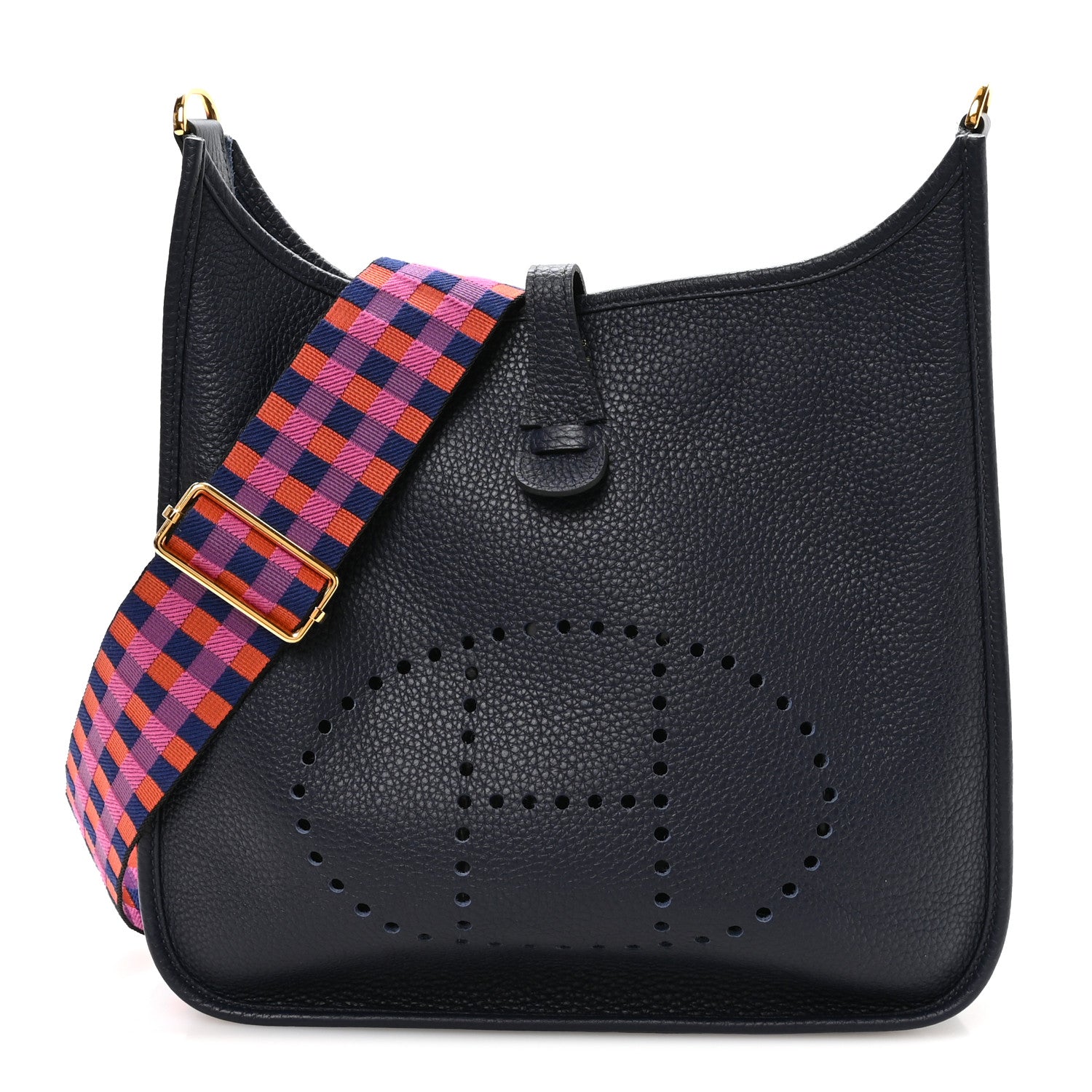 Hermes Taurillon Clemence Quadrille Evelyne III PM Bleu Nuit Bleu Saphir Anemone Capucine 1 of 11