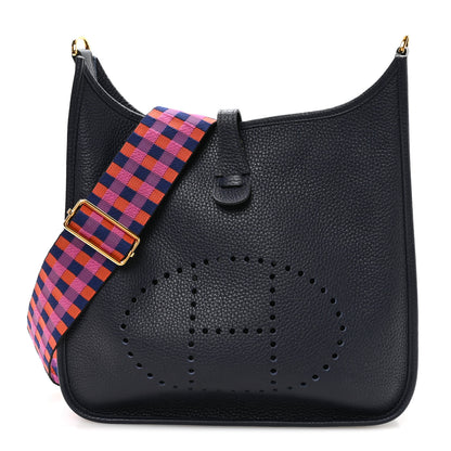 Hermes Taurillon Clemence Quadrille Evelyne III PM Bleu Nuit Bleu Saphir Anemone Capucine 1 of 11