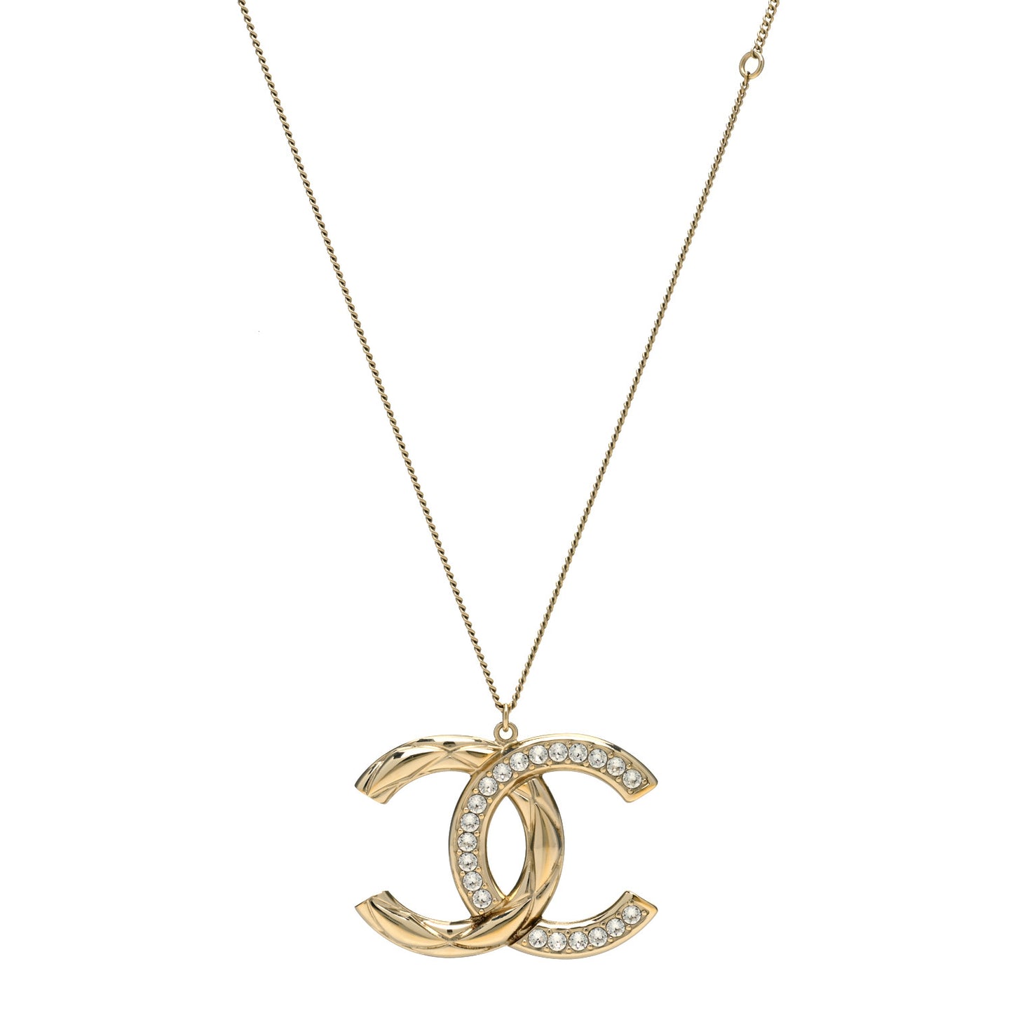 Crystal Metal Quilted CC Pendant Necklace Gold
