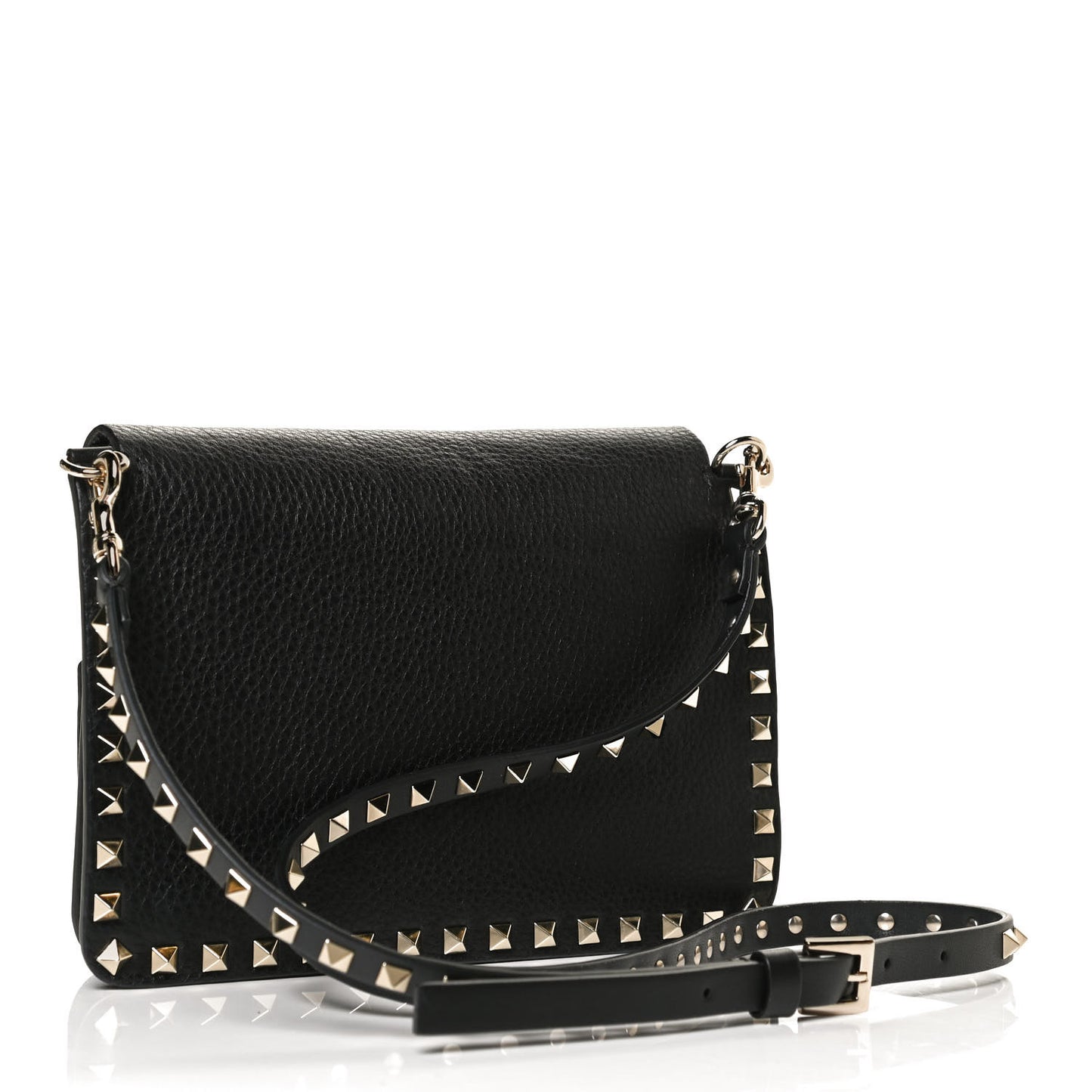 Pebbled Calfskin Rockstud Side Slip Crossbody Black