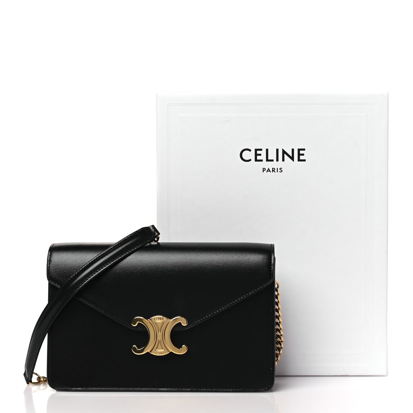 Shiny Calfskin Triomphe Margo Wallet on Chain Black