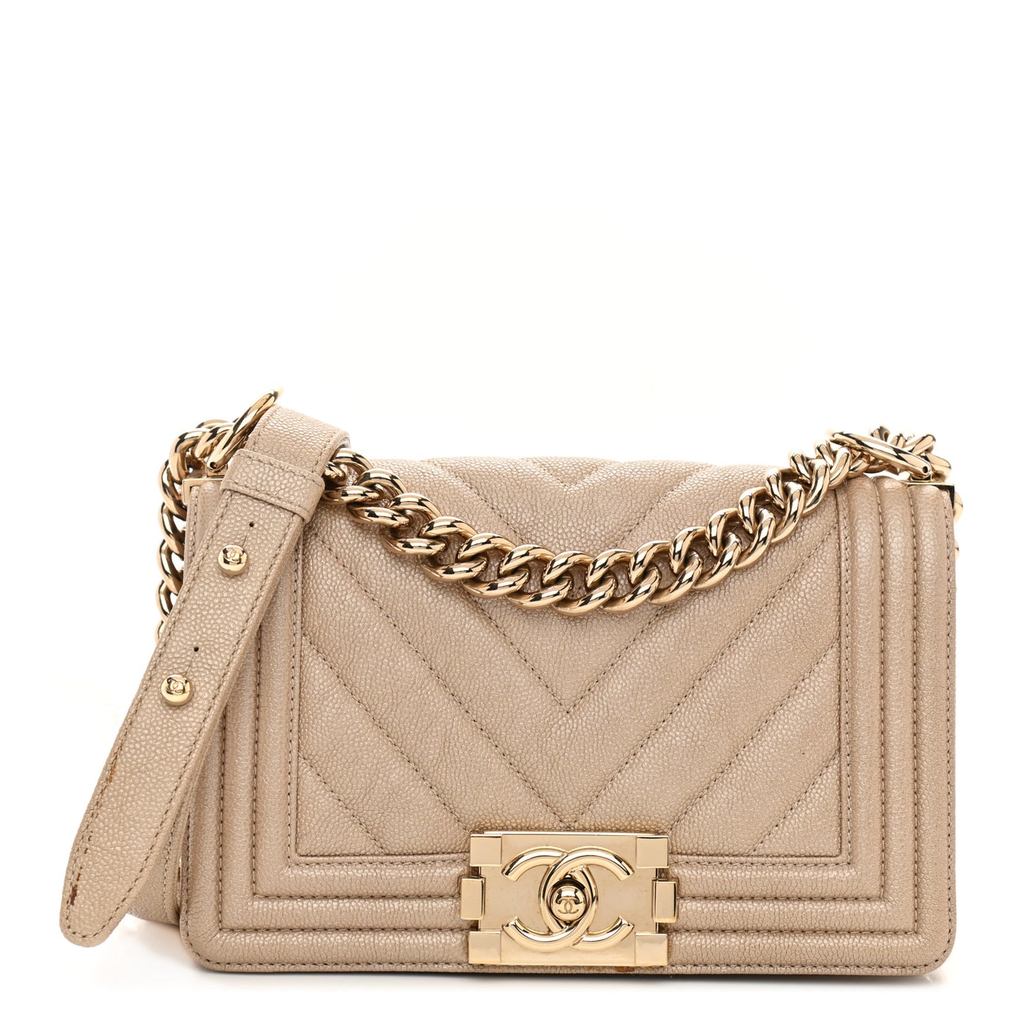 Iridescent Caviar Chevron Quilted Small Boy Flap Beige