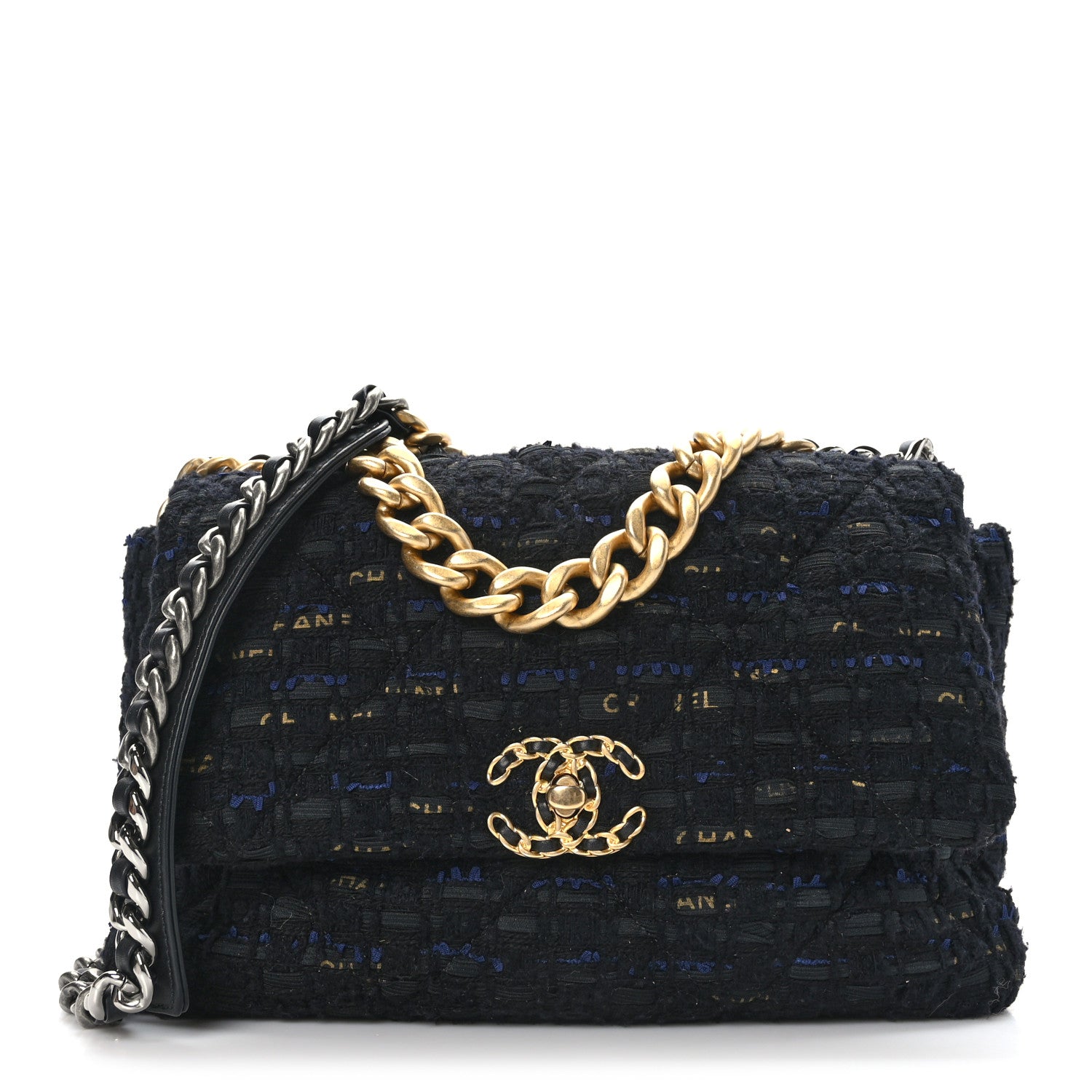 Chanel Tweed Quilted Large Chanel 19 Flap Black Navy Gold 1 of 9