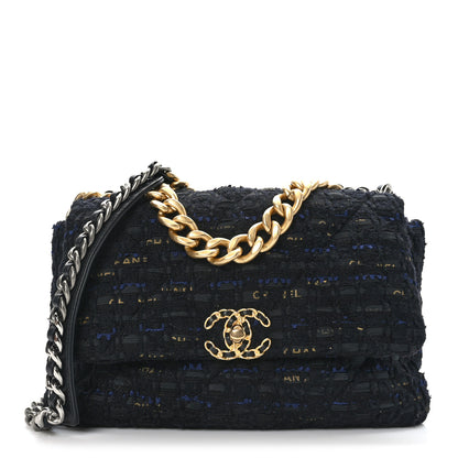 Chanel Tweed Quilted Large Chanel 19 Flap Black Navy Gold 1 of 9