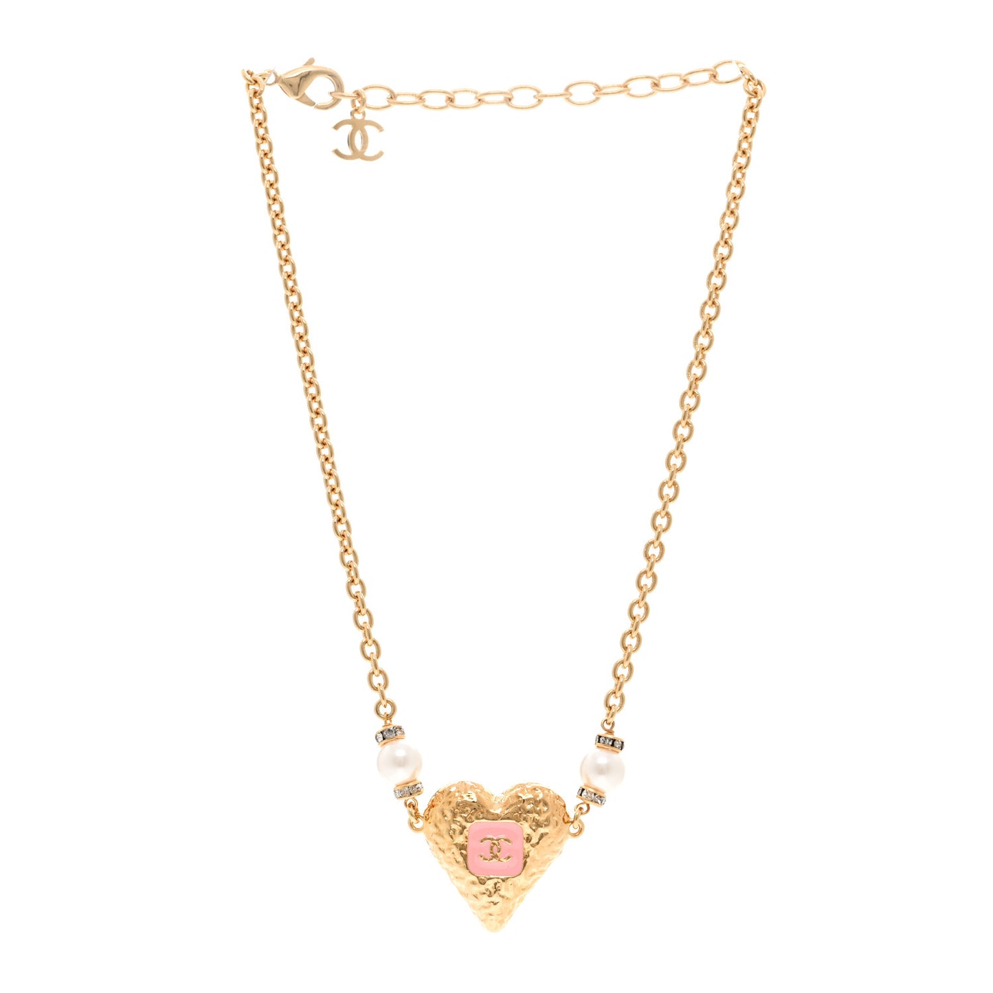 Resin Crystal Pearl Chain Heart CC Pendant Choker Necklace Pink White Gold