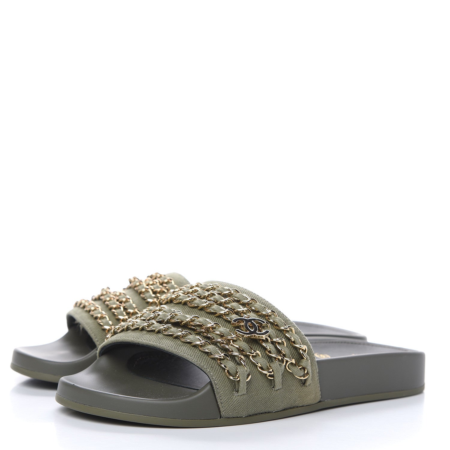 Chanel Canvas Chain Flat Sandals 37 Khaki 3 of 9