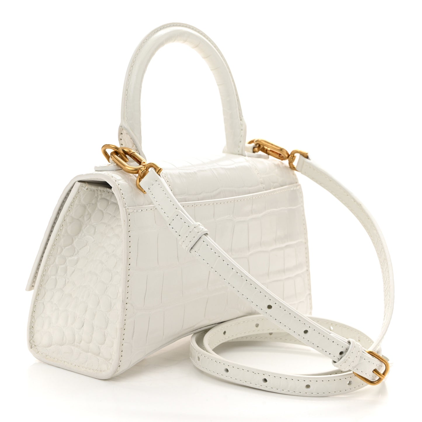 Shiny Calfskin Crocodile Embossed Hourglass Top Handle Bag XS White