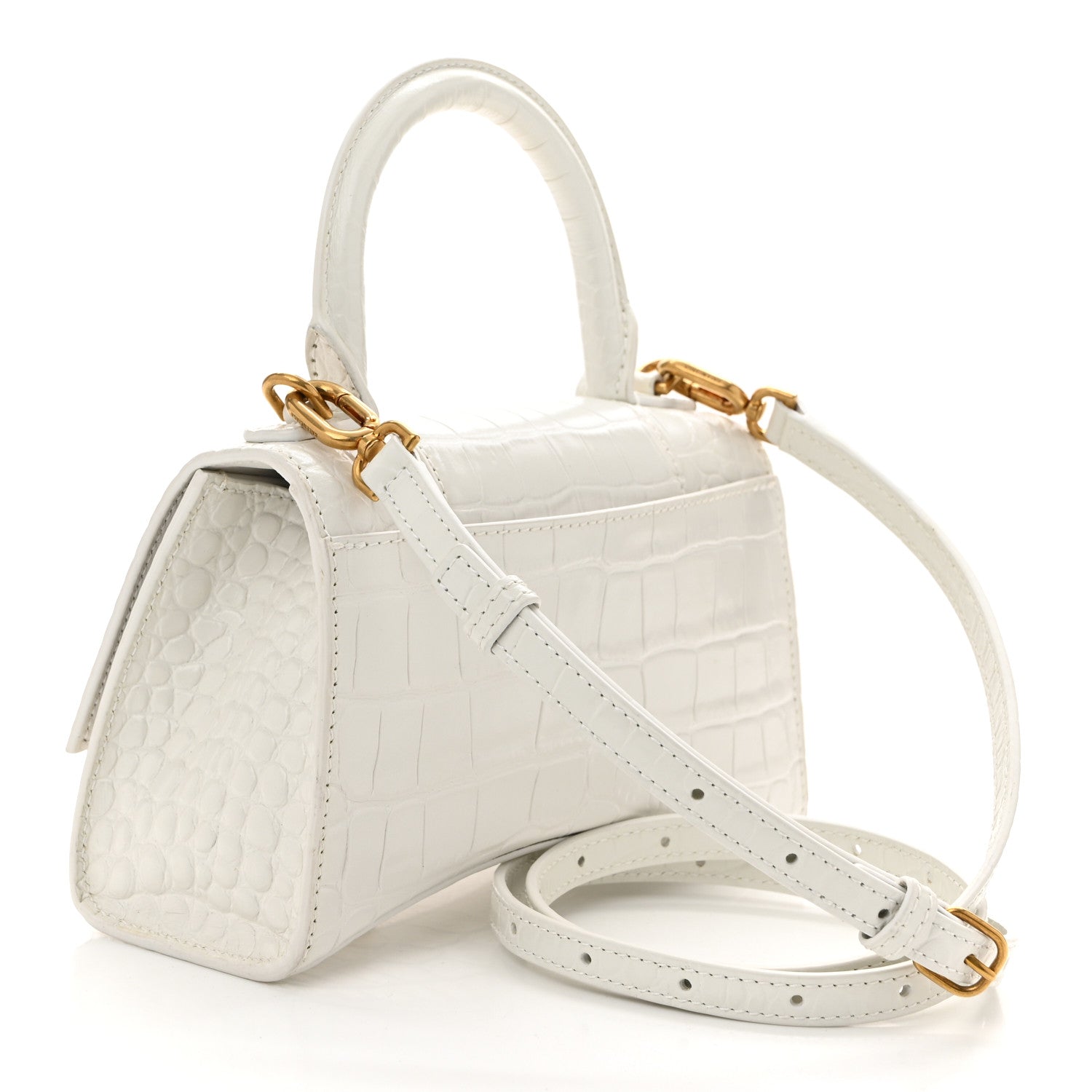 Balenciaga Shiny Calfskin Crocodile Embossed Hourglass Top Handle Bag XS White 3 of 11