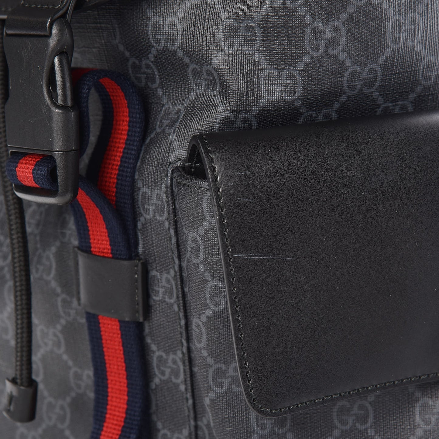 Soft GG Supreme Monogram Appia Calfskin Web Double Buckle Backpack Black
