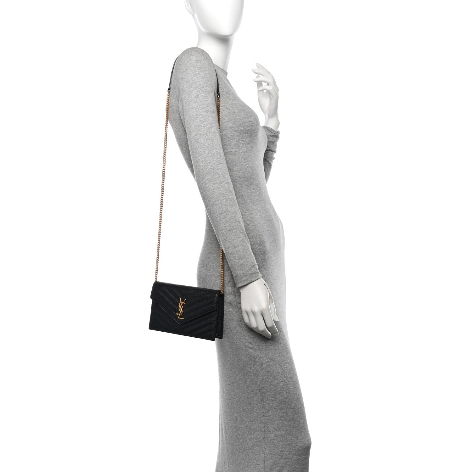 Saint Laurent Grain De Poudre Matelasse Chevron Monogram Envelope Chain Wallet Black 2 of 12